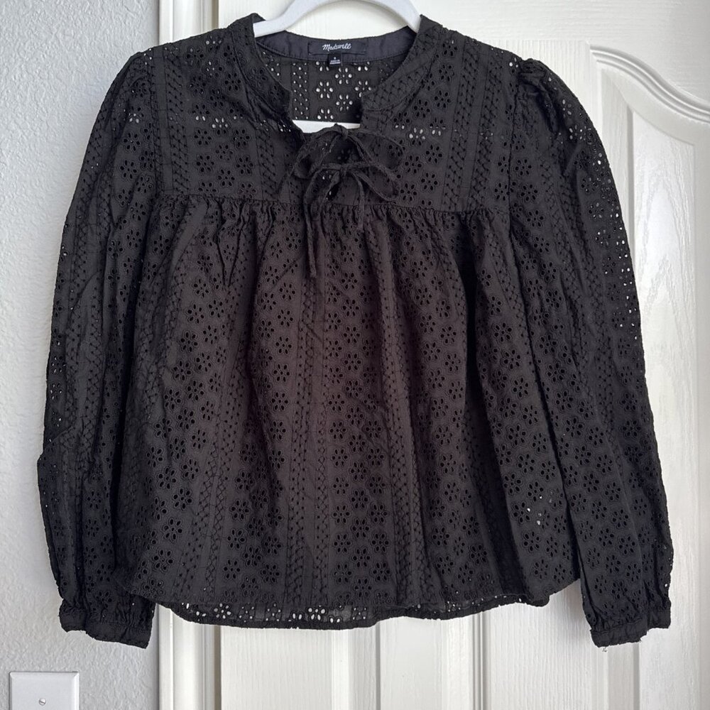 Madewell Women Eyelet Double-Tie Peasant Size Small Blouse Black Top